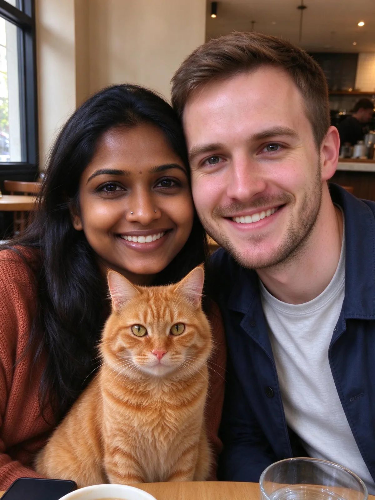 AI pet portrait examples: A couple and their cat