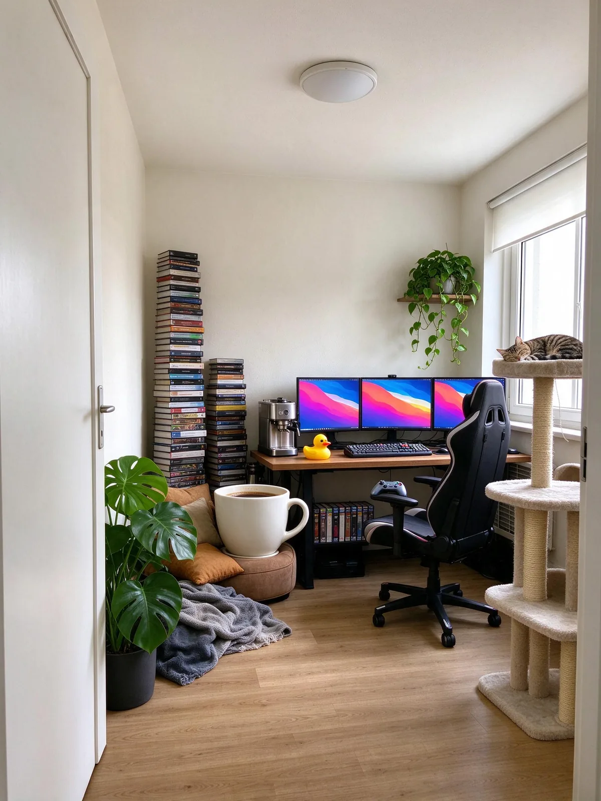 Fill this room trend example: a bedroom filled with a desk, books, plants and a cat tree, an AI example