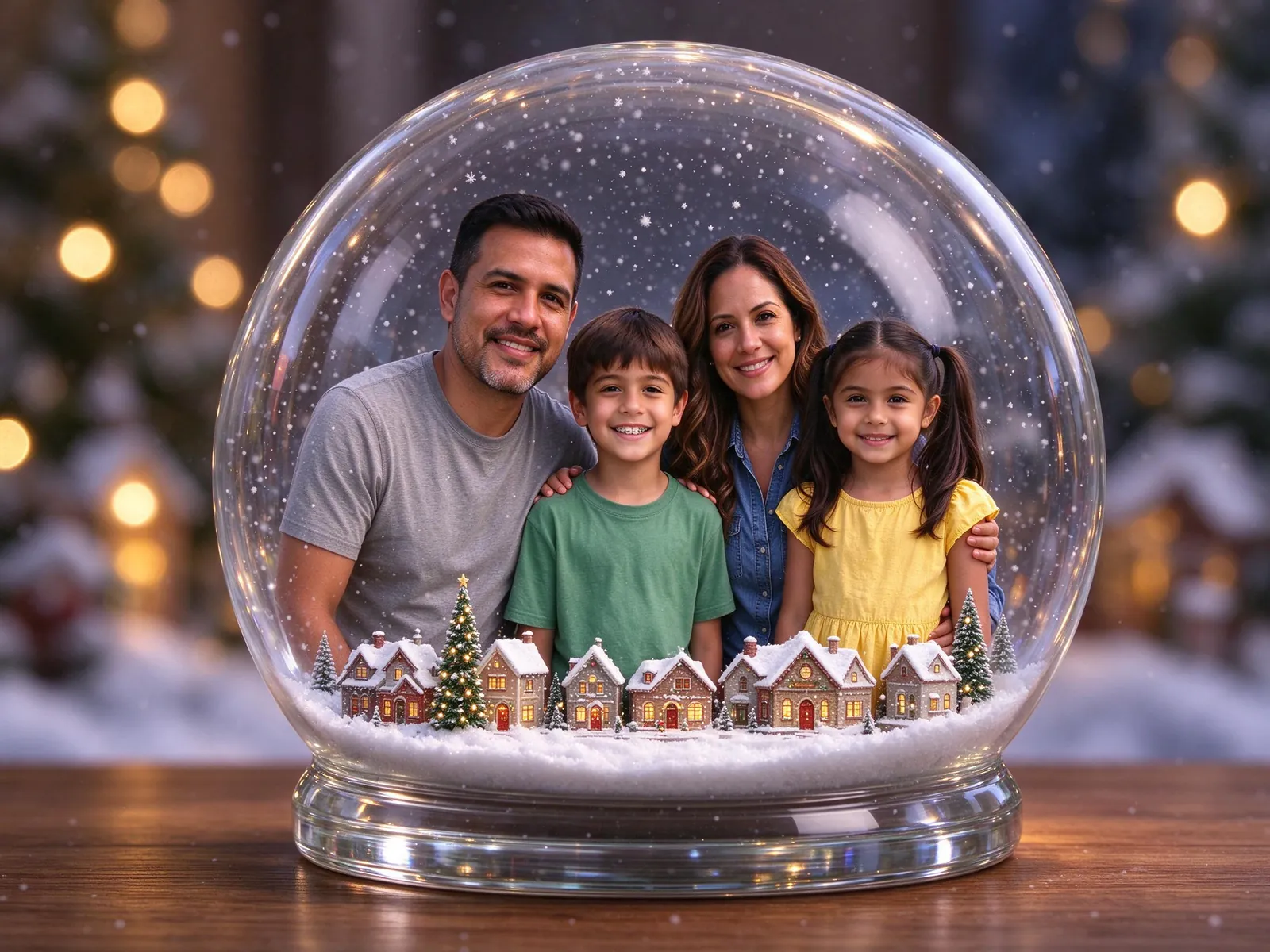 AI-generated sample: Snow globe family