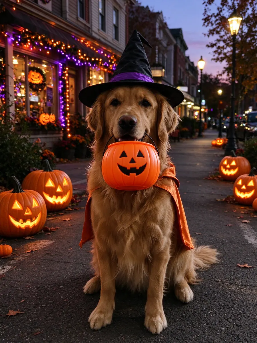 Halloween pfp ideas for pet accounts: a golden retriever in a witch hat and cape with a pumpkin bucket, an AI example