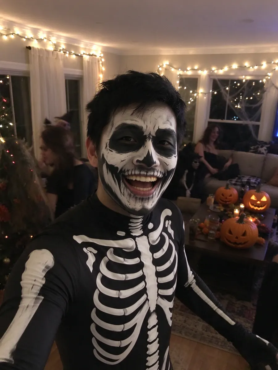 Halloween pfp ideas: a man in black-and-white skull face paint, a high-contrast AI example that crops well into a circle