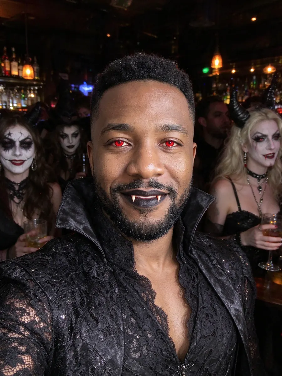 AI Halloween costume ideas: a man as a glamorous vampire with red eyes and fangs at a flash-lit Halloween party, an AI example of a fictional person