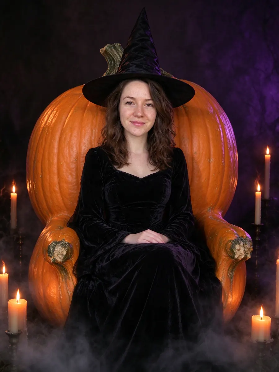 AI Halloween photo trend example: a woman as a gothic witch on a pumpkin throne surrounded by candles, an AI picture of a fictional person